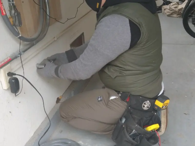 Electrician performing outlet wiring in a North Hobbs garage